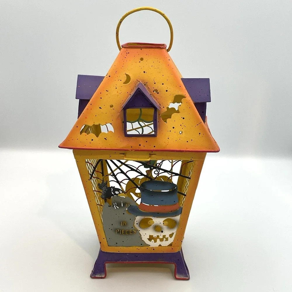 VTG‎ Halloween Lantern Tealight Candle Holder Spooky Hollow Metal Cage 2001